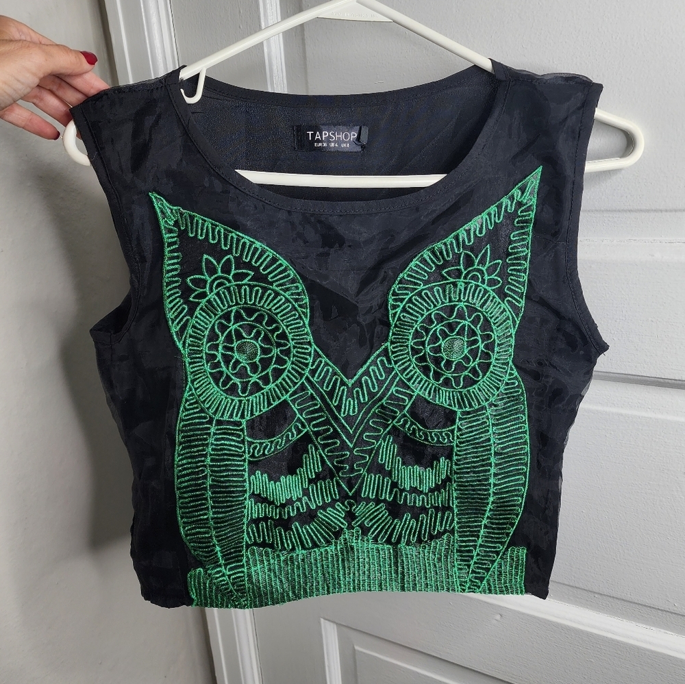 Owl Tank Embroidered Green Size 4